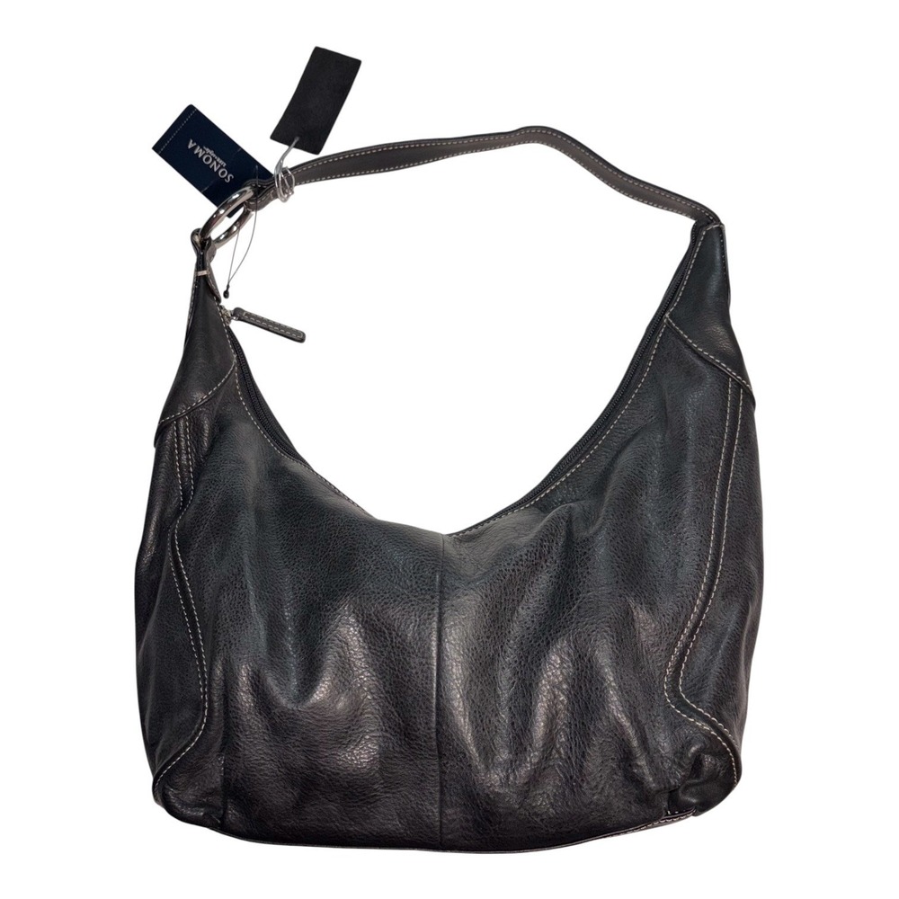 Sonoma Life Style Black Leather Hobo Bag Shoulder Purse Contrast Stitch NEW